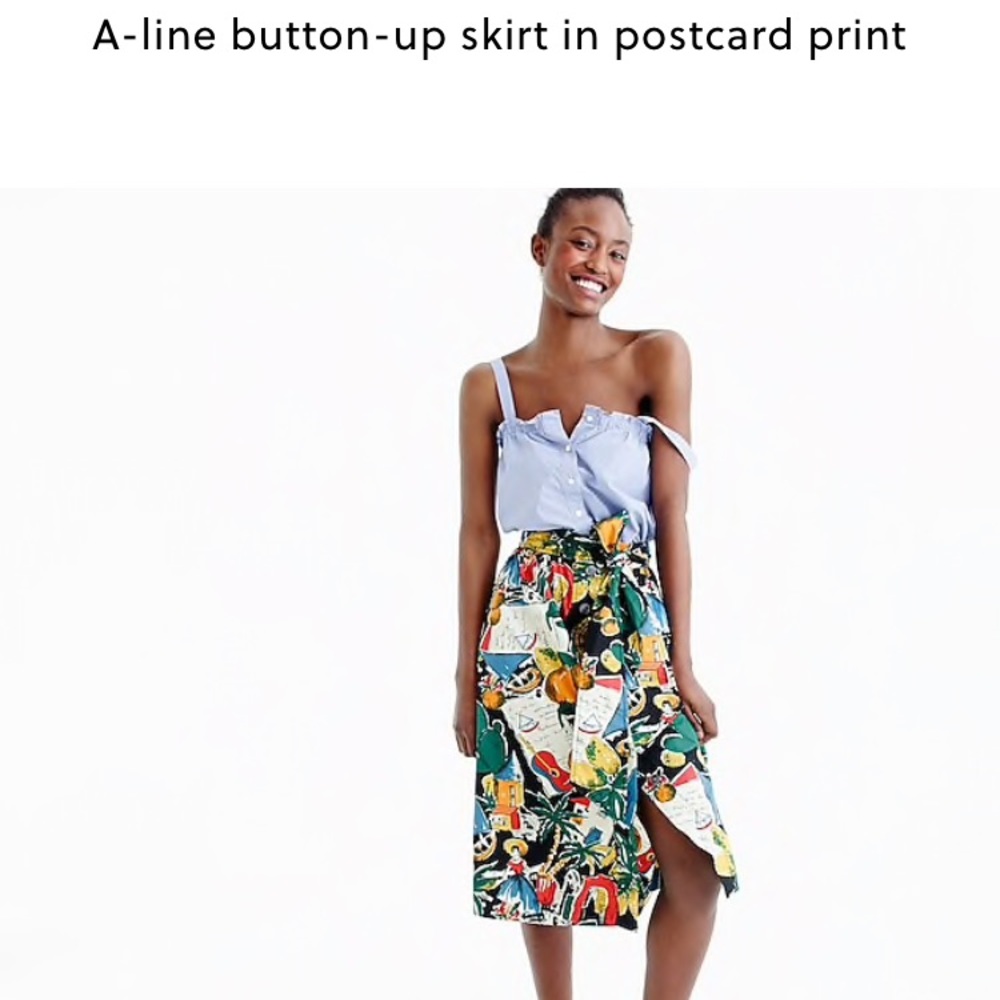 Jcrew A-line button up skirt in postcard print